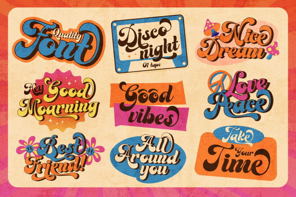 sticker, retro font