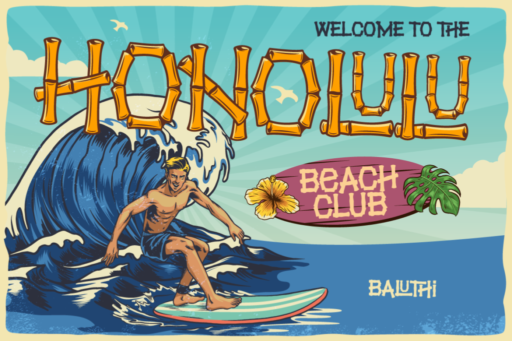 Honolulu text written in Baluthi bamboo font over big ocean wave and surfer illustration