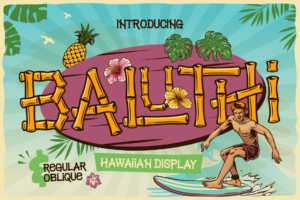 Baluthi bamboo Hawaiian display font header with surfer illustration by Artisan Font