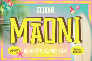 Maoni Hawaiian display font in yellow with shadow style on tropical beach background by Artisan Font