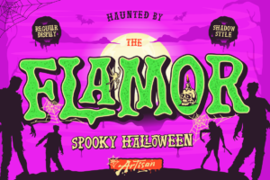 Flamor spooky Halloween display font promo banner featuring regular and shadow font styles on a purple haunted background with zombies and spider webs.