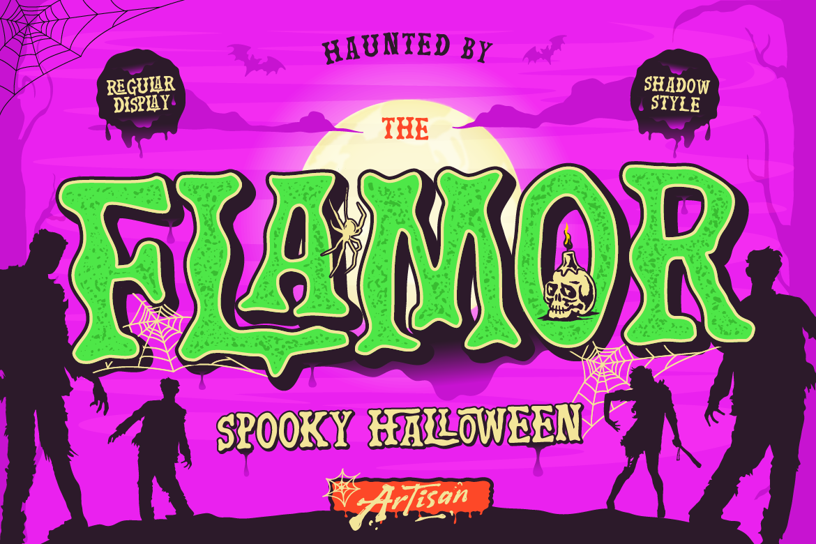 Flamor spooky Halloween display font promo banner featuring regular and shadow font styles on a purple haunted background with zombies and spider webs.