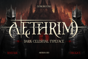 Aethrim dark celestial typeface header with armored black knights background by Artisan Font