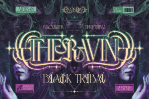 Theravin dark tribal typeface title with star frame swashes by Artisan Studio