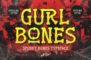 Gurl Bones spooky bone typeface title header in yellow over grunge red background